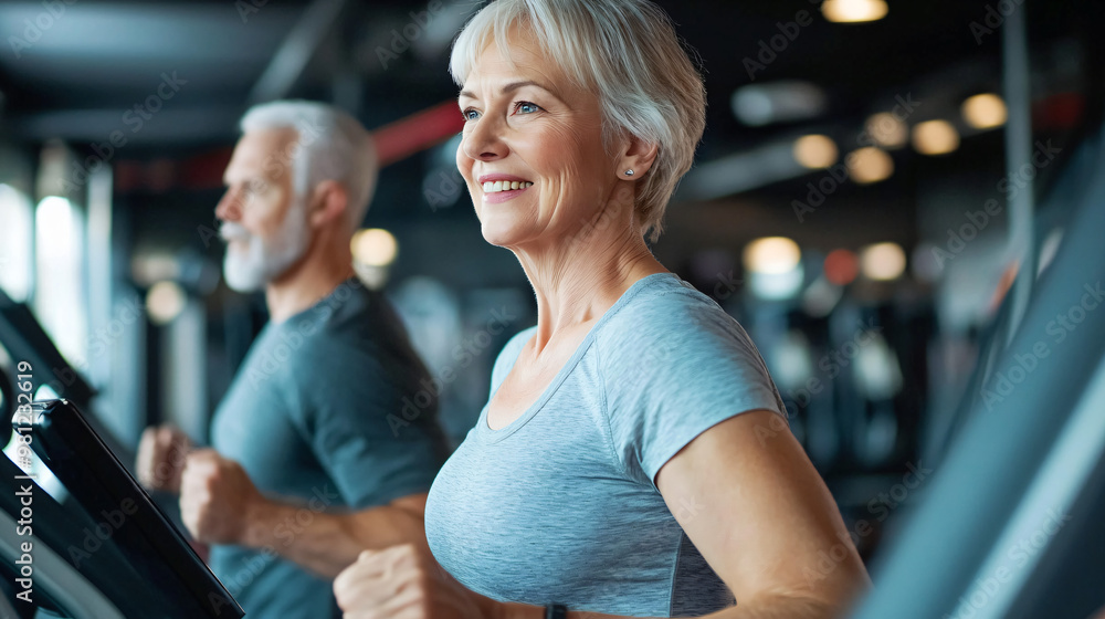 Obraz premium Elderly woman is happily exercising on a treadmill at the gym while a senior man works out in the background