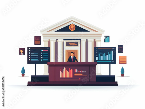 Flat Podium with Live Policy Impact Feed: Engaging Real-Time Data and Citizen Testimonials for Evidence-Based Governance - Simple Vector Illustration