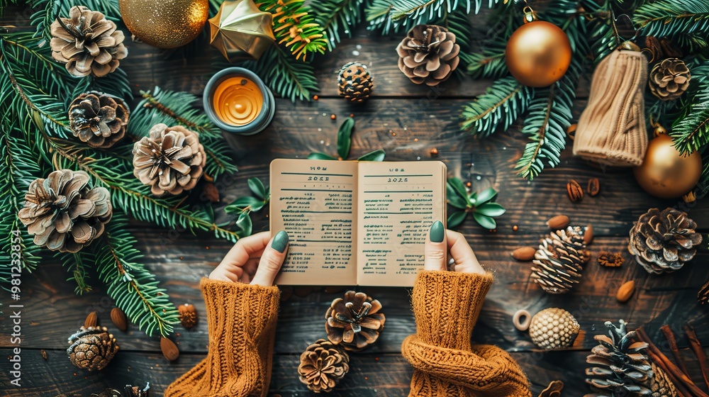 Womans Hands Holding Open Notebook Surrounded by Rustic Christmas Decorations, Flat Lay Womans Hands Holding Open Notebook Surrounded by Rustic Christmas Decorations, Flat Lay