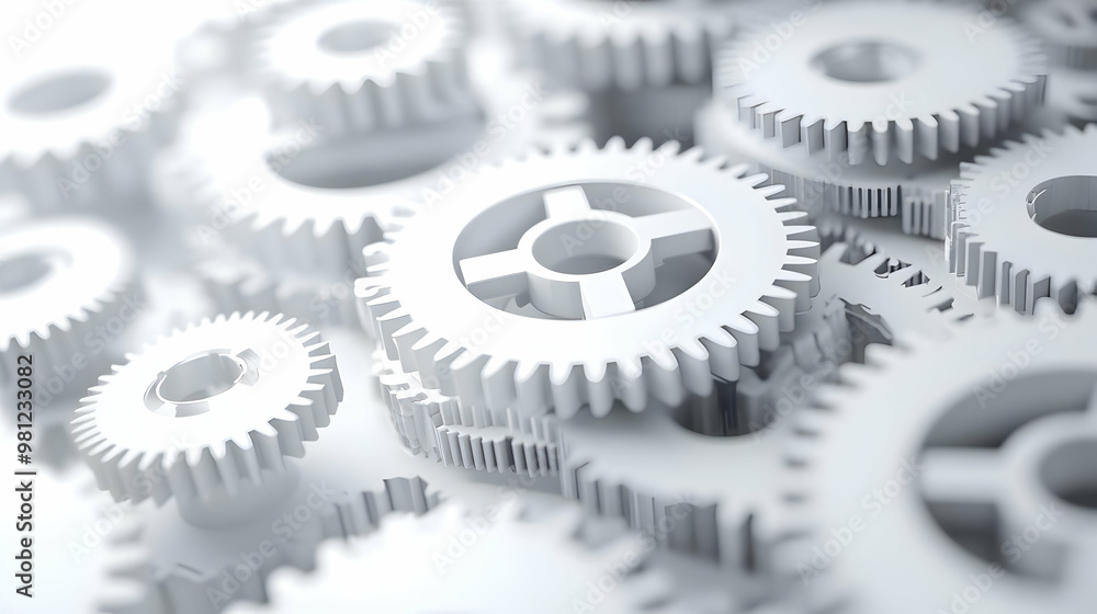 3D Floating White Gears Concept: Close-Up of Interlocking Gears Hovering in Mid-Air, Emphasizing Mental Processes and Cognitive Function on Isolated White Background 3D Floating White Gears Concept: Close-Up of Interlocking Gears Hovering in Mid-Air, Emphasizing Mental Processes and Cognitive Function on Isolated White Background