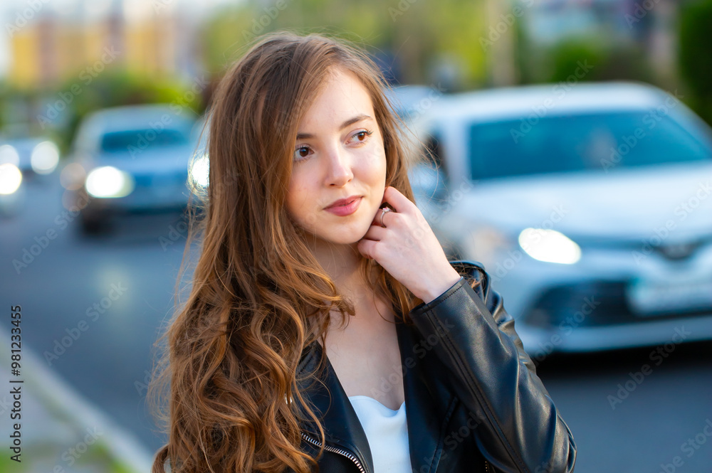 A young smiling girl in a good mood walks around the city. Teenage girl, portrait against the background of houses and roads. Fashionable youth style trend. A young smiling girl in a good mood walks around the city. Teenage girl, portrait against the background of houses and roads. Fashionable youth style trend.