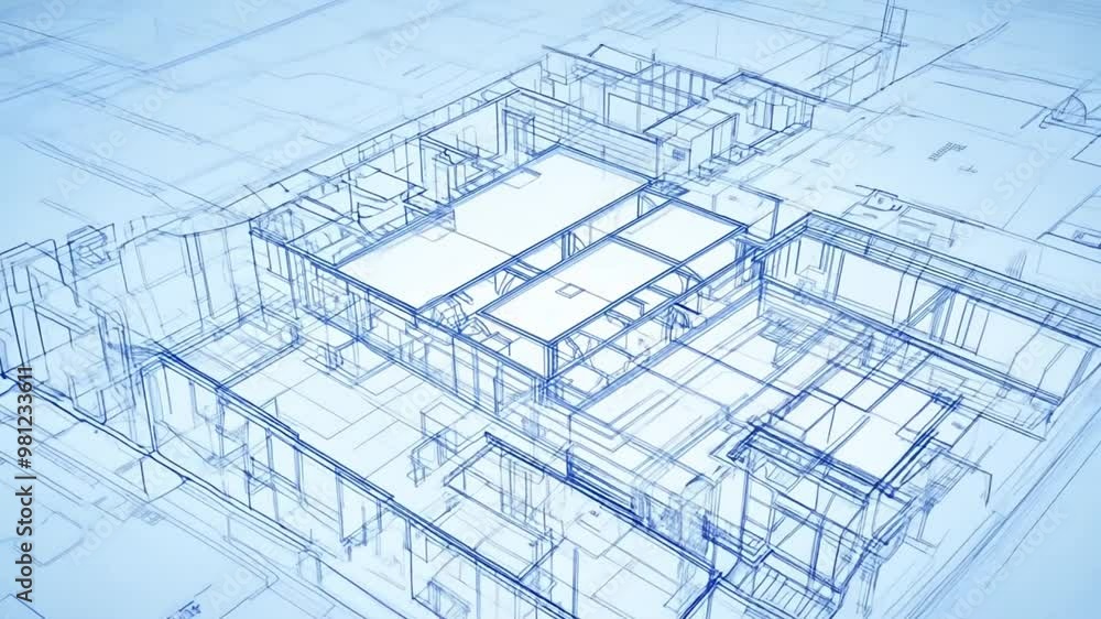 Timelapse of a house blueprint progression in 3d render style.