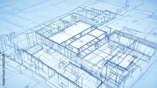 Timelapse of a house blueprint progression in 3d render style.