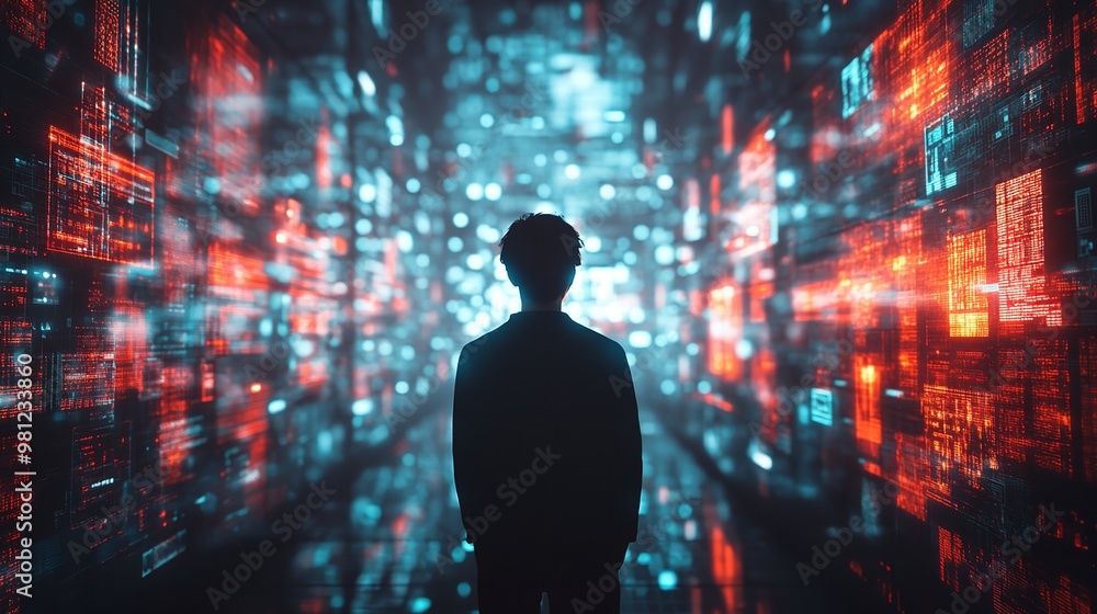 A man stands in front of a computer screen with a city view A man stands in front of a computer screen with a city view
