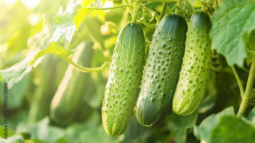 This Lush green cucumbers hang from the vine in a sunny garden, showcasing healthy growth. This Lush green cucumbers hang from the vine in a sunny garden, showcasing healthy growth.