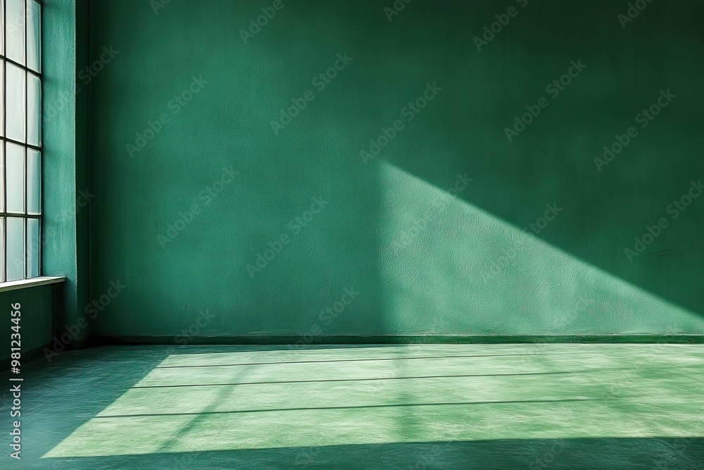 A serene green interior featuring natural light casting shadows across the floor, ideal for creative and modern design concepts. A serene green interior featuring natural light casting shadows across the floor, ideal for creative and modern design concepts.