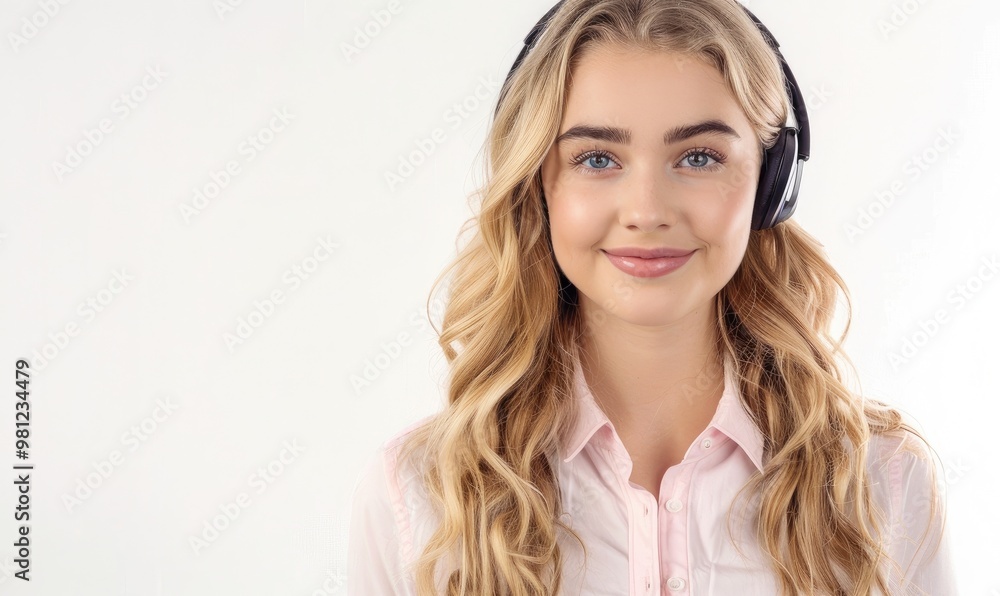 A beautiful young woman smiling warmly while wearing headphones against a white background, symbolizing relaxation and music. copy space for text. A beautiful young woman smiling warmly while wearing headphones against a white background, symbolizing relaxation and music. copy space for text.
