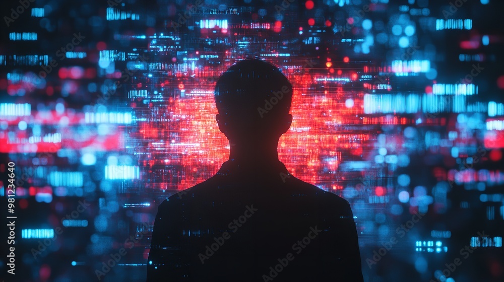 A man stands in front of a computer screen with a city view A man stands in front of a computer screen with a city view