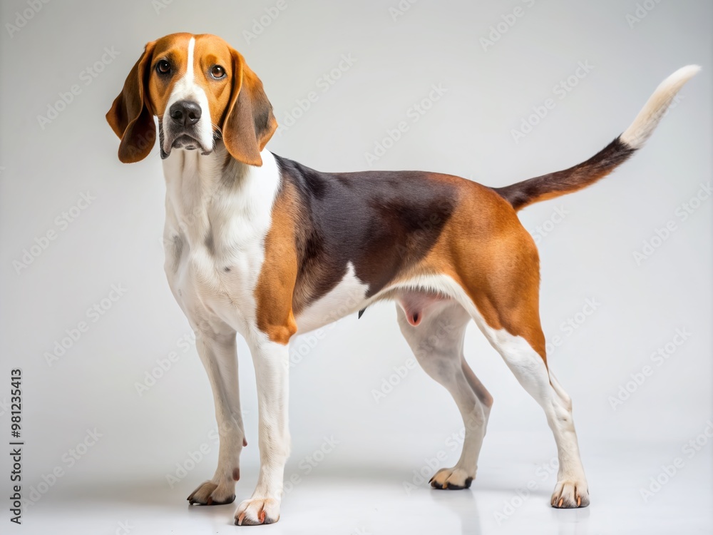A majestic Treeing Walker Coonhound dog stands solo against a pristine white background, showcasing its distinctive tri-colored coat and floppy ears with an inquisitive gaze. A majestic Treeing Walker Coonhound dog stands solo against a pristine white background, showcasing its distinctive tri-colored coat and floppy ears with an inquisitive gaze.