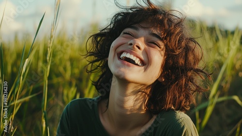 A person laughing or smiling spontaneously in a natural environment, captured in a candid moment. photo