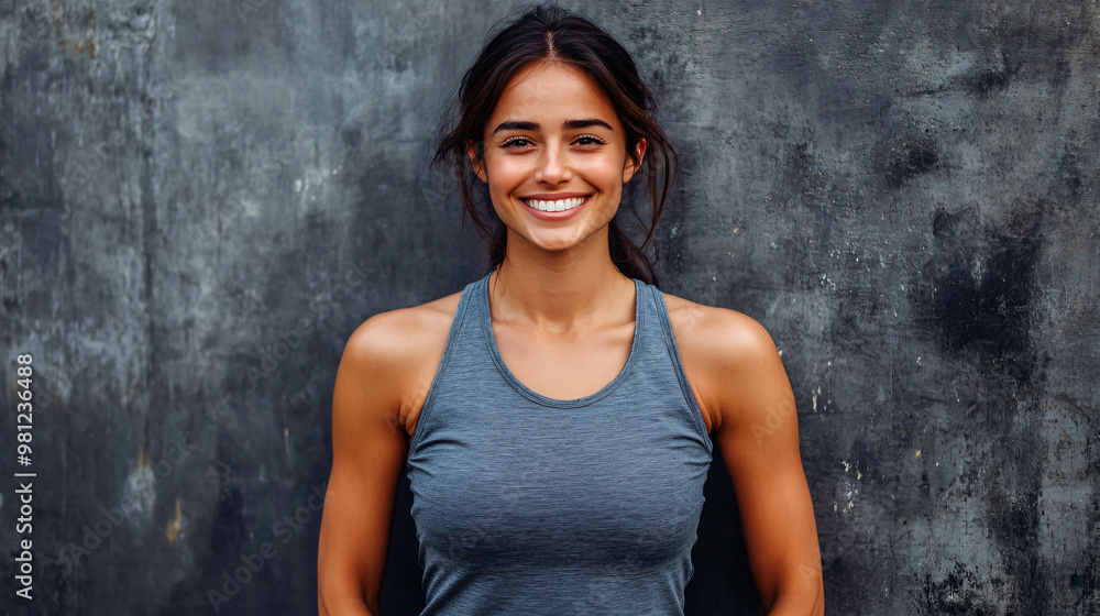 Young female athlete pauses her workout to smile and pose against a grey wall Young female athlete pauses her workout to smile and pose against a grey wall