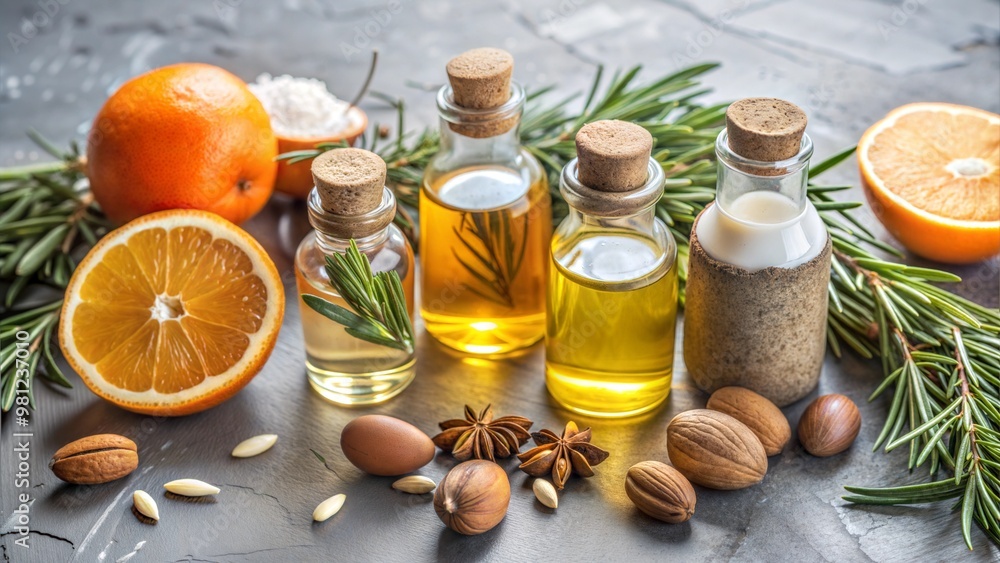 A beautifully arranged assortment of essential oils, fresh rosemary, almonds, and citrus fruits on a dark slate background, showcasing natural ingredients for aromatherapy and wellness A beautifully arranged assortment of essential oils, fresh rosemary, almonds, and citrus fruits on a dark slate background, showcasing natural ingredients for aromatherapy and wellness