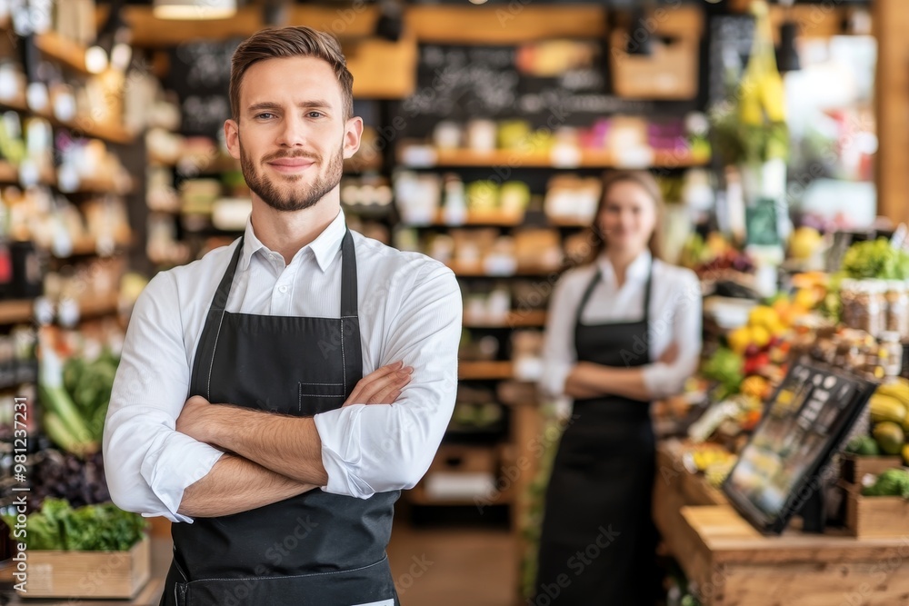 A portrait of a young man in the Zero Waste Shop in a grocery store. He has a conscious minimalism approach to life without plastic. A portrait of a young man in the Zero Waste Shop in a grocery store. He has a conscious minimalism approach to life without plastic.