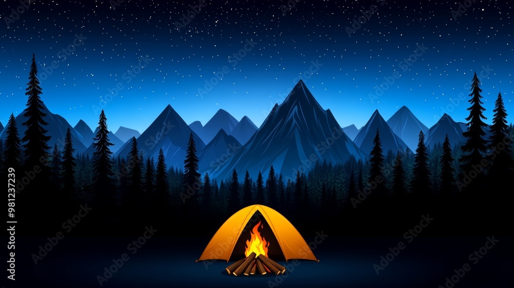 Night Camping in the Mountains with Bonfire and Starry Sky Night Camping in the Mountains with Bonfire and Starry Sky