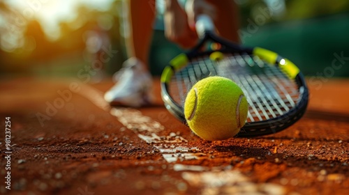 Close-up of Tennis Ball and Racket on Clay Court with Player in Motion. Tennis Game Concept.