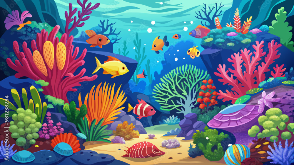 A colorful underwater scene with a variety of fish and plants A colorful underwater scene with a variety of fish and plants
