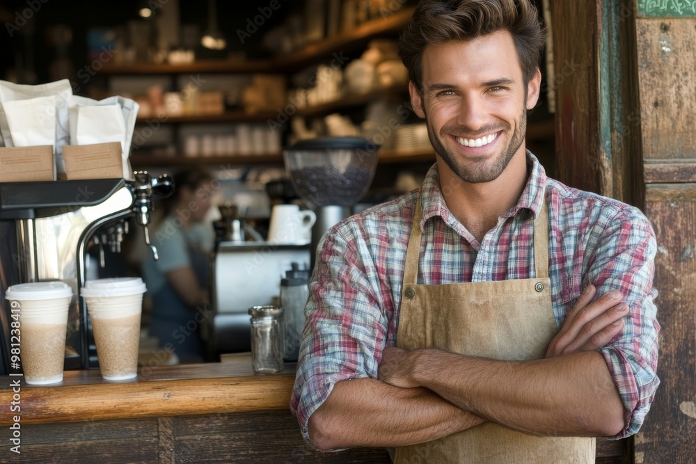 An entrepreneur standing in front of his cozy café, confident, holding a small business in his hands An entrepreneur standing in front of his cozy café, confident, holding a small business in his hands