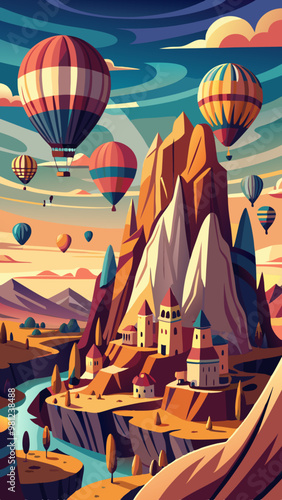 A painting of a mountain with a village and hot air balloons flying over it