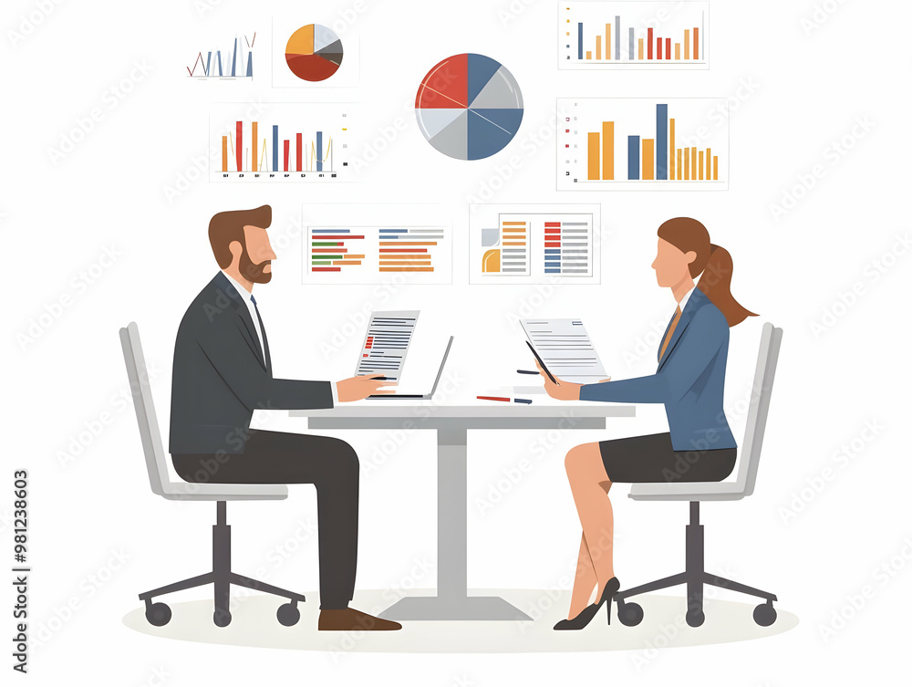 Flat Vector Illustration of Political Analysts Analyzing Conflicting Poll Data - Medium Shot with Reports and Graphs Highlighting Challenges in Accurate Predictions Flat Vector Illustration of Political Analysts Analyzing Conflicting Poll Data - Medium Shot with Reports and Graphs Highlighting Challenges in Accurate Predictions