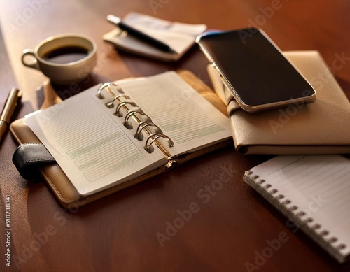 Office tools and gadgets symbolizing an assistant's role, featuring items like a notebook, pen, and smartphone, representing organization, support, and efficiency. photo