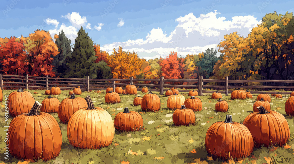 Autumn outdoor nature scenery in illustration style.