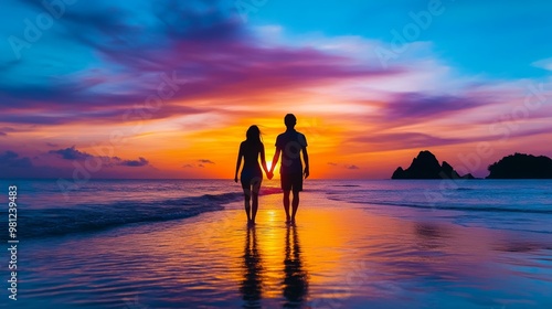 Couple Silhouette Walking on Beach at Sunset with Colorful Sky and Ocean