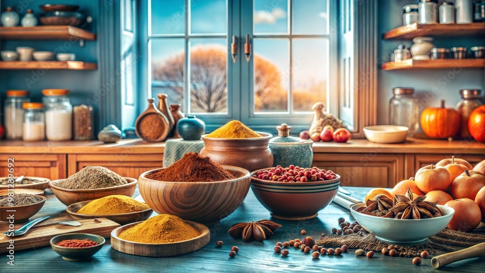 A cozy kitchen scene featuring a variety of colorful spices and ingredients arranged on a wooden countertop with a scenic window view A cozy kitchen scene featuring a variety of colorful spices and ingredients arranged on a wooden countertop with a scenic window view