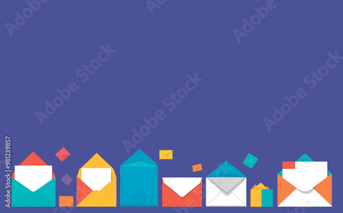 A lot of colorful bright envelopes with letter on blue background. Mail delivery. October World Post Day. International Letter Writing Week. Design for poster, copy space.  photo