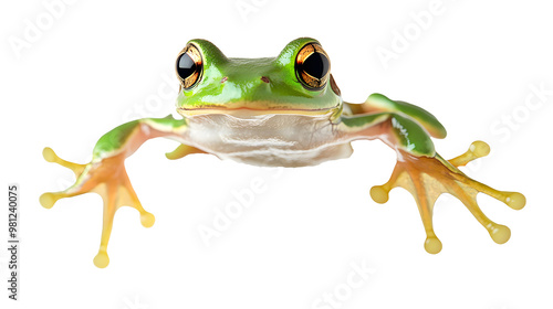 Green Frog Leaping in Mid-Air With Wide Open Eyes,on white background,png