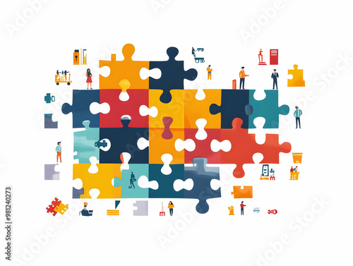 Flat Fundraising Puzzle Illustration with Donor Pieces Sized by Donation Amounts - Captivating Visual of Fundraising Goals, Isolated on White Background for Clear Donation Statistics photo