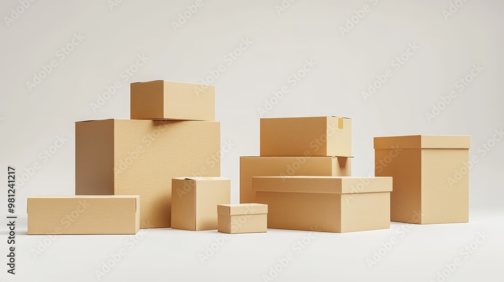 A collection of various cardboard boxes stacked in an artistic arrangement on a neutral background, ideal for packaging concepts. A collection of various cardboard boxes stacked in an artistic arrangement on a neutral background, ideal for packaging concepts.