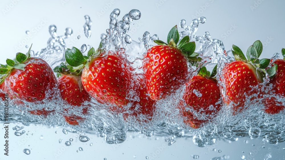 Fresh Strawberries Splashing into Water with Bubbles Fresh Strawberries Splashing into Water with Bubbles