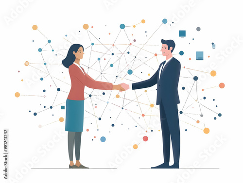 Flat Policy Web in Business Handshake: Medium Shot of Two Professionals Shaking Hands with Glowing Policy Keywords, Symbolizing Cooperation and Policy Making - Simple Flat Vector Illustration photo