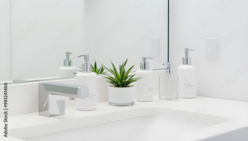 Fototapeta premium Stylish bathroom counter with neatly arranged toiletries, a small plant, and a decorative soap dispenser.