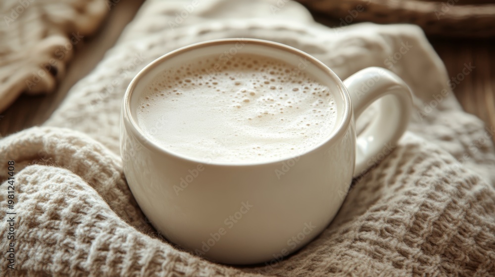 A cozy cup of frothy coffee resting on a soft cloth, perfect for warm mornings or relaxing afternoons. A cozy cup of frothy coffee resting on a soft cloth, perfect for warm mornings or relaxing afternoons.