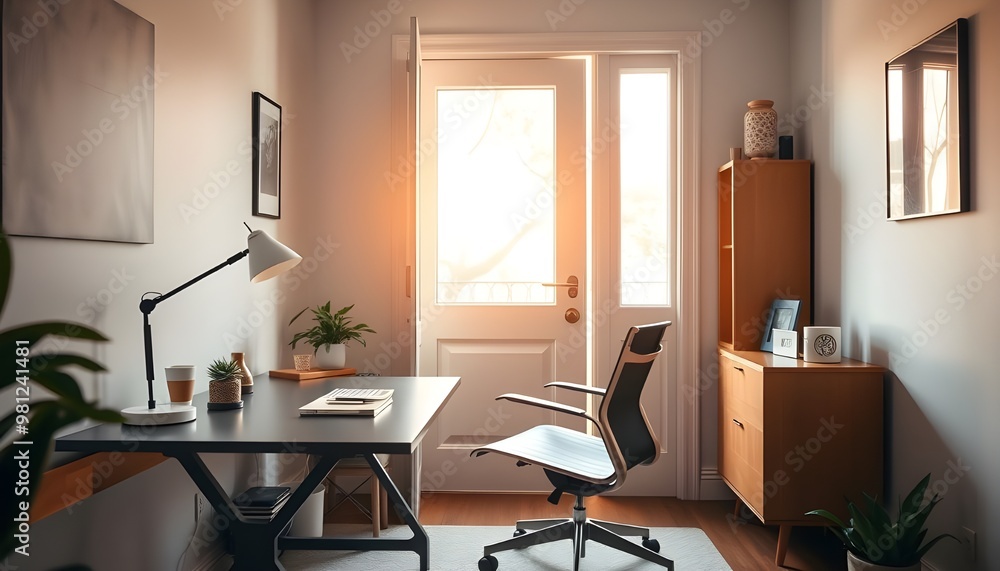 Chic home office with a sleek desk, an ergonomic chair, and a minimalistic desk lamp. Chic home office with a sleek desk, an ergonomic chair, and a minimalistic desk lamp.