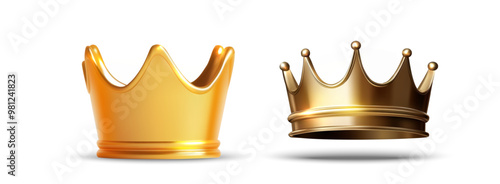 Vector illustration of  3D two golden crowns, one solid and the other more detailed. These crowns symbolize luxury, royalty, and achievement, perfect for design projects related to status.