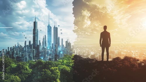 A dramatic contrast between futuristic city and nature, depicting hope and environmental challenges against a vibrant skyline. photo