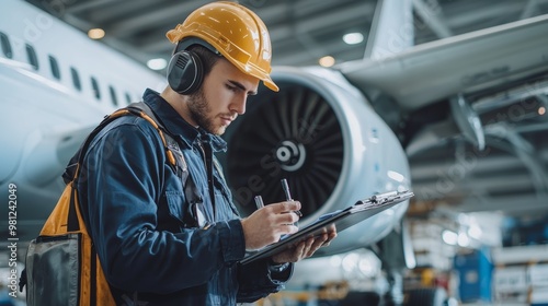 A focused aircraft technician wearing a hard hat inspects an airplane in a hangar while taking notes on a clipboard.