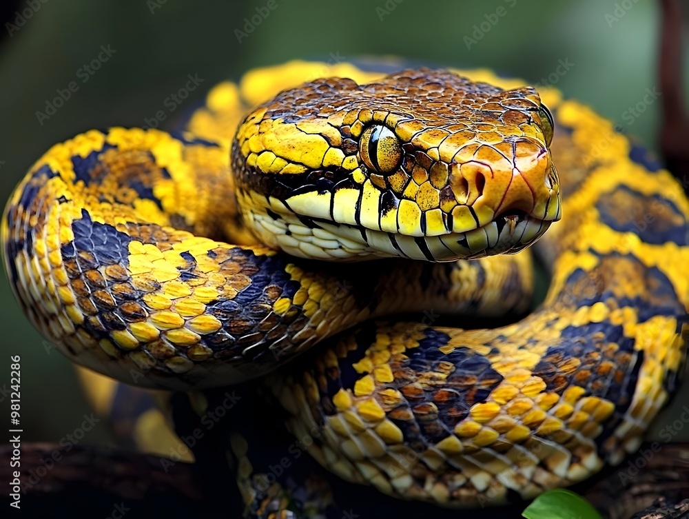 Fototapeta premium Vibrant Coiled Snake Displaying Intricate Colorful Scales in Tropical Forest Habitat