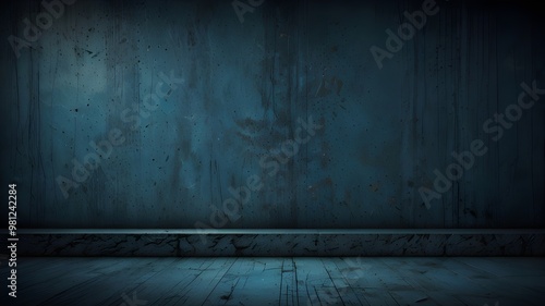 Aged Wooden Surface with Grungy Texture. A dark vintage background with textured concrete walls, a wooden floor, and an empty, old design