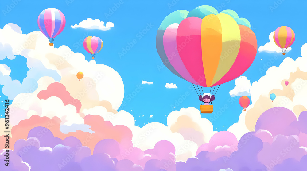 Naklejka premium Hot Air Balloon Ride Above Fluffy Clouds