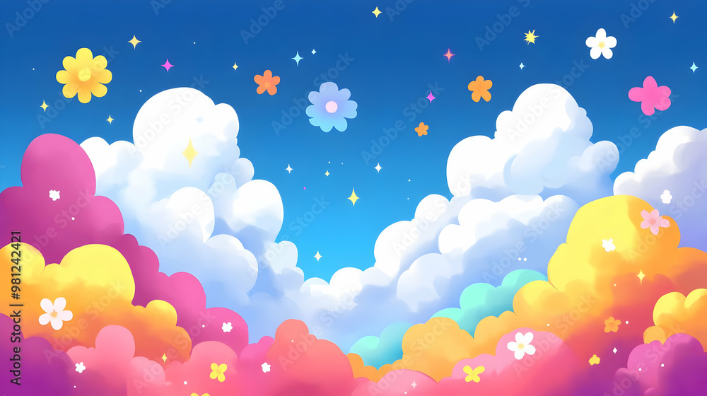 Dreamy Clouds with Flowers and Stars: Colorful Sky Background Dreamy Clouds with Flowers and Stars: Colorful Sky Background