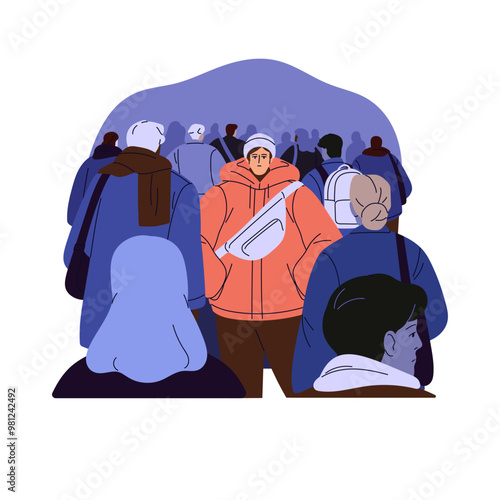 Loneliness concept. Lonely young man walks among people. Depressed person is alone in crowd. Sad guy is in solitude. Psychological disorder. Flat isolated vector illustration on white background