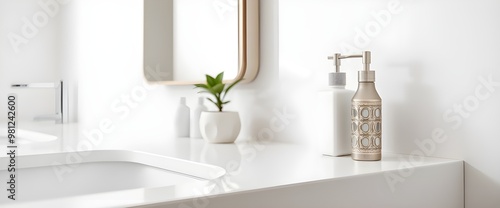 A serene and stylish bathroom counter, meticulously organized with a delicate balance of sleek toiletries.