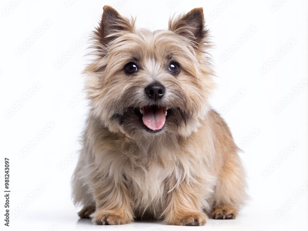 Adorable little cairn terrier with fluffy fur and big brown eyes excitedly wags its tail with joy on a clean and simple white background. Adorable little cairn terrier with fluffy fur and big brown eyes excitedly wags its tail with joy on a clean and simple white background.