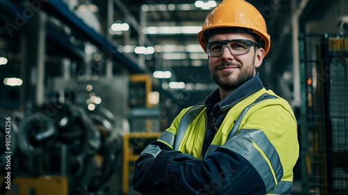 a worker at a factory wearing a helmet and protective clothing Generative AI