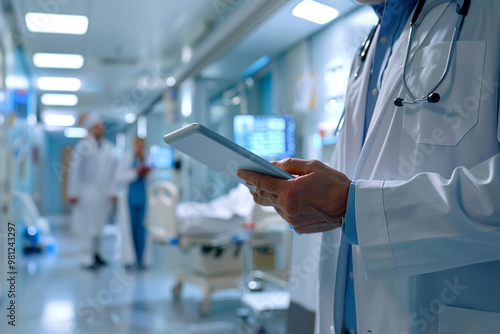 Healthcare professional using tablet in hospital setting, explaining patient information photo