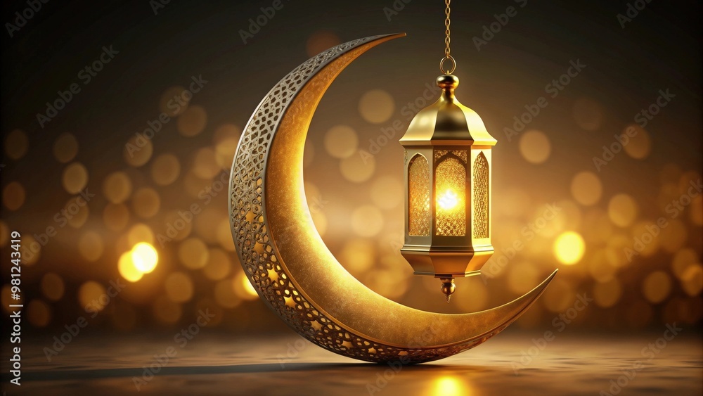 Golden Ramadan lantern hanging on gold moon, Ramadan, lantern, Islamic, decoration, gold, moon, hanging Golden Ramadan lantern hanging on gold moon, Ramadan, lantern, Islamic, decoration, gold, moon, hanging