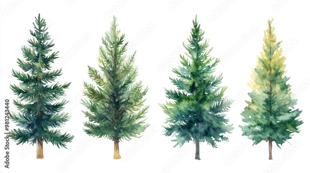 Watercolor Painting of Four Evergreen Trees with Brown Trunks Watercolor Painting of Four Evergreen Trees with Brown Trunks